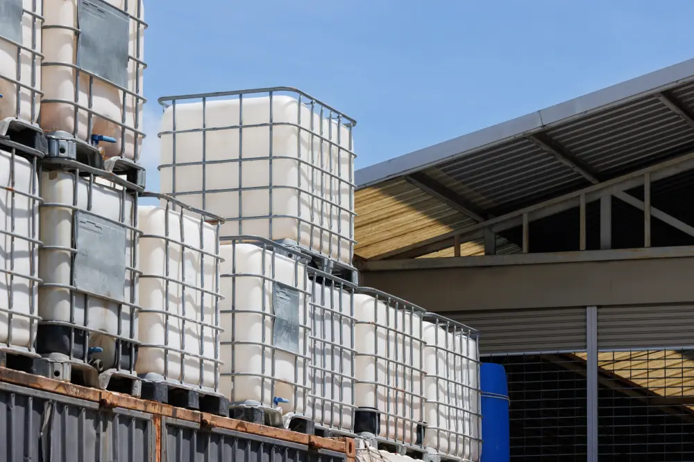 white ibc container in outdoor stock yard of factory, white plastic chemical tanks.