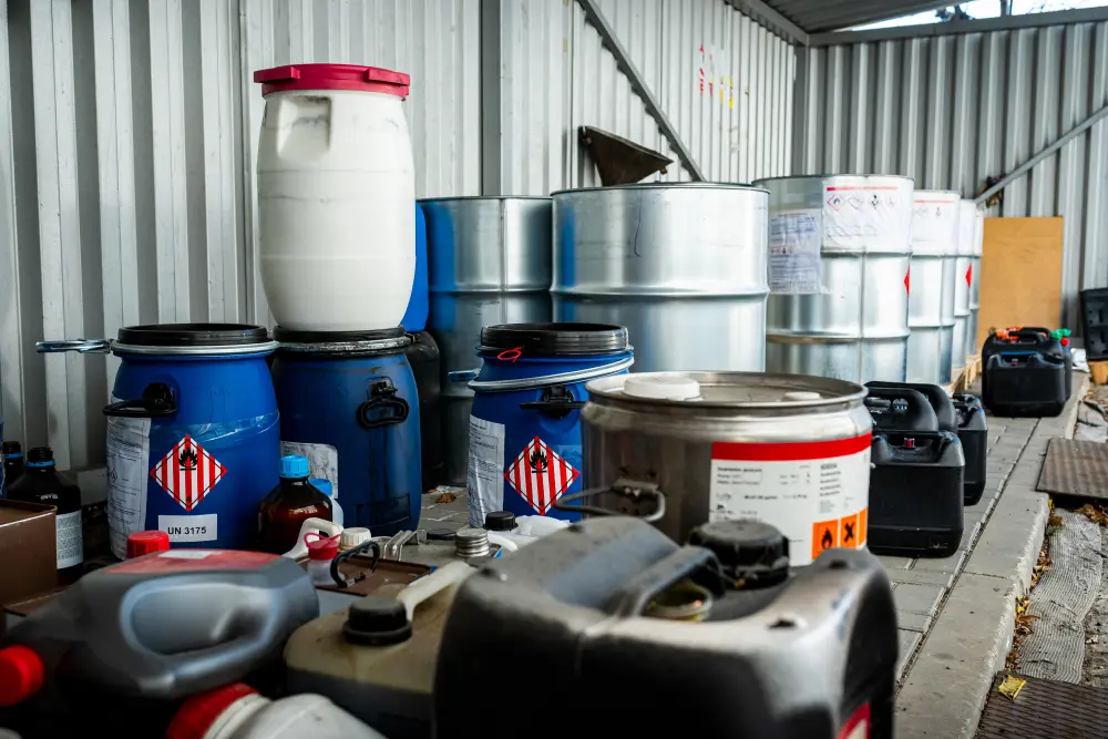 Metal and plastic barrels containing hazardous chemicals outside